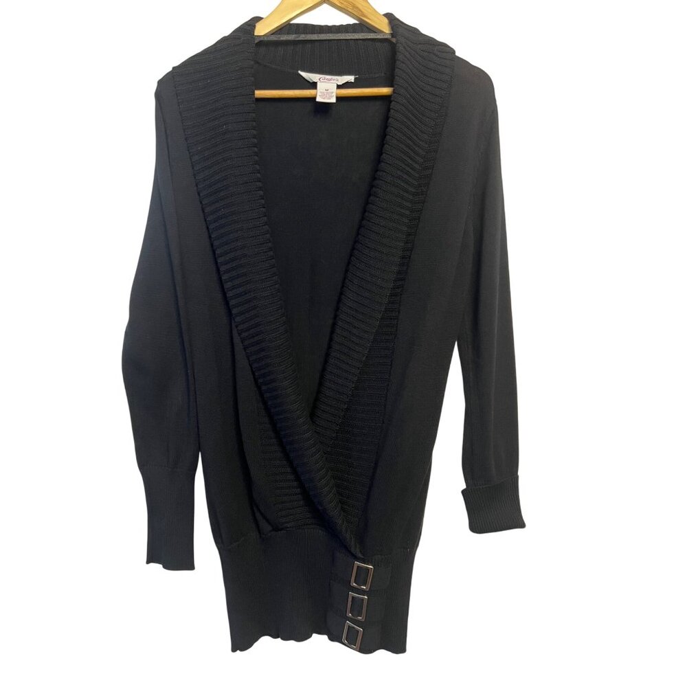 Candies Women Black Shaw Cable Knit Neck Cardigan Buckle M Long Cotton Blend